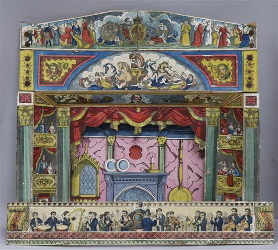 A Victorian Pollocks lithographic theatre with additional scenery in a wooden crate
